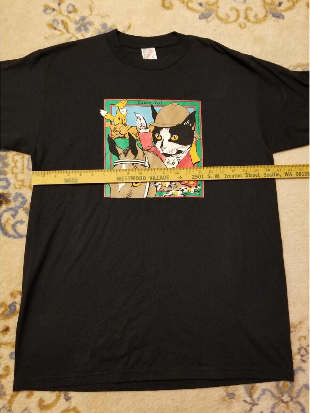 Rare Vtg 90s Tally Ho! Puss Boots Cat Horse Riding Portrait Shirt Black Mens L - Picture 6 of 7